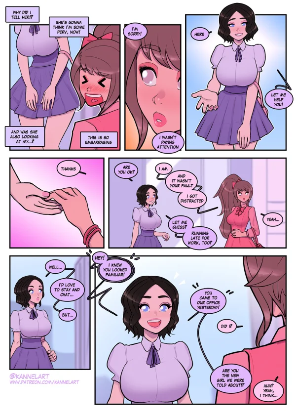 Comic: CYOA job path turns a guy into a pink-dress office girl who falls for her coworker.