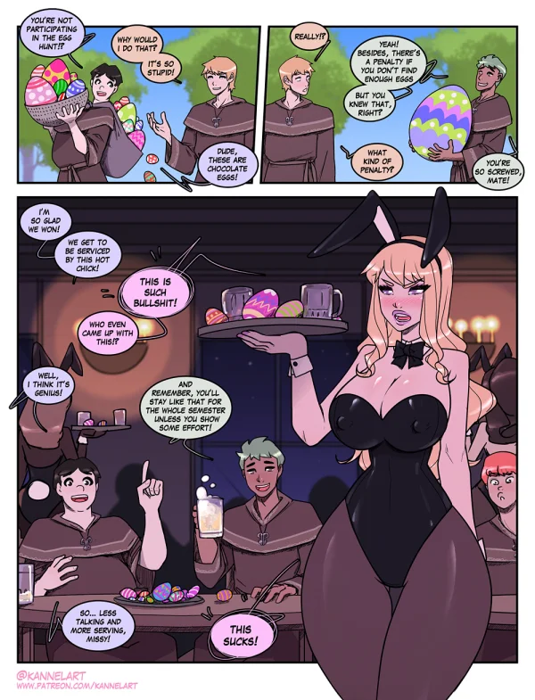 Easter comic: guys win the egg hunt; the loser is a busty blonde bunny-suit waitress.