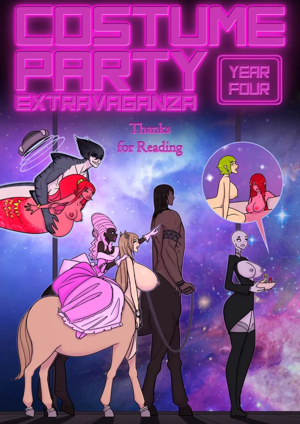 Comic: costume party magic turns friends into nude fantasy TF bodies — centaur, mermaid, slime girls.