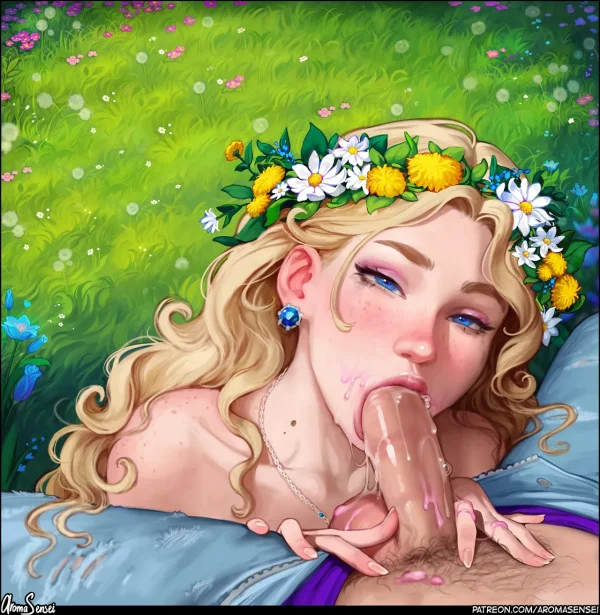 Stardew Valley comic: freckled blonde Haley as Flower Queen flirts with the farmer at the Flower Dance