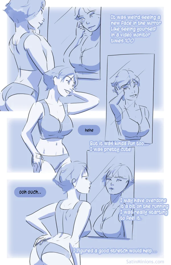 Cover: A New Fit title over a woman in a sports bra and shorts, Satin Minions comic.