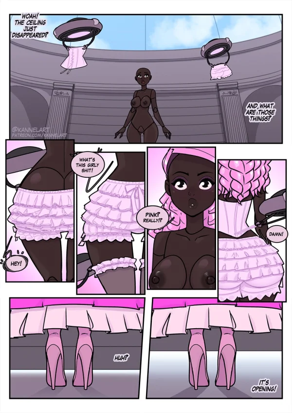 Comic: costume party magic turns friends into nude fantasy TF bodies — centaur, mermaid, slime girls.