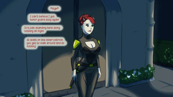 Illustration set: a mind-control orb makes a demon guard masturbate herself unconscious during a heist.