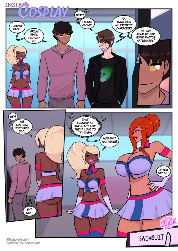 Comic cover: two men at InstaCosplay pick Zack and Cloud before a swimsuit costume machine.