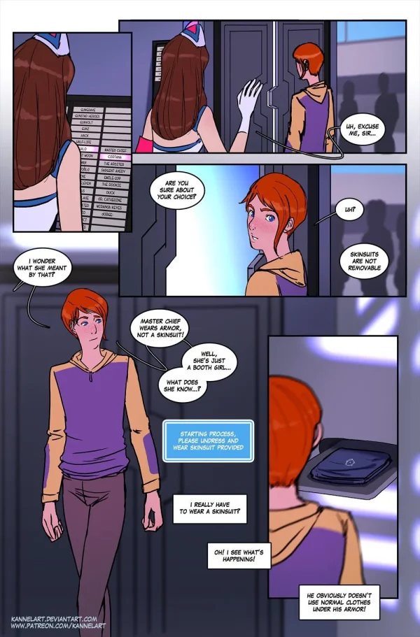 InstaCosplay comic: Cortana transformation with huge blue tits and a Master Chief cosplayer.