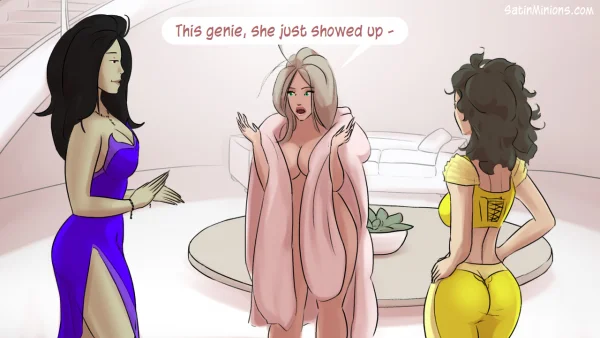 Cover: Path of the Genie part 2 over a sheer pink figure, Satin Minions comic.