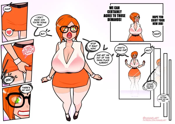 TF comic: a guy gets ZOAT'd into a busty orange-haired librarian with a fat ass and heart freckles.