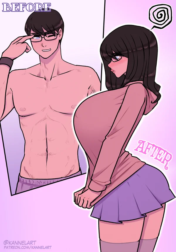 Before/after TF: a shirtless guy becomes a shy stacked girl in a tight hoodie and micro skirt.