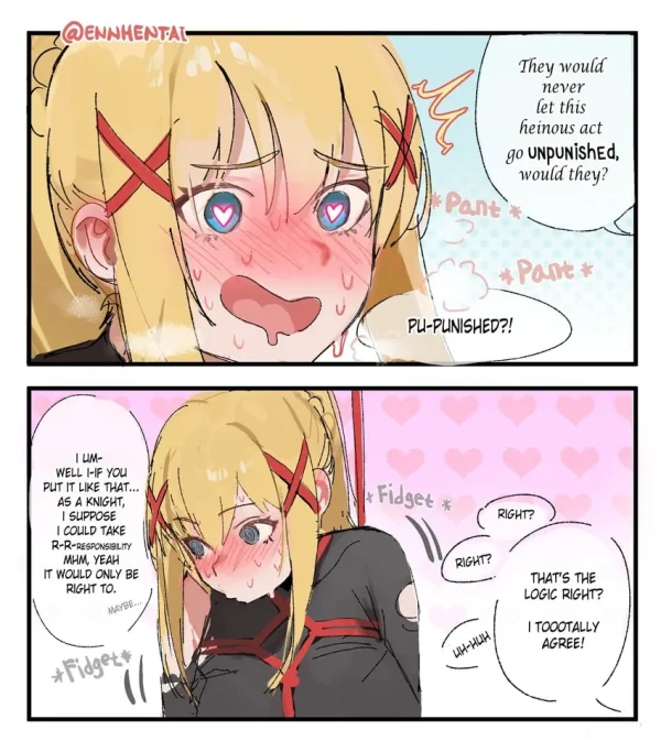Comic: KonoSuba Darkness in red rope bondage is humiliated and fucked by Kazuma until she’s a cum-covered mess.