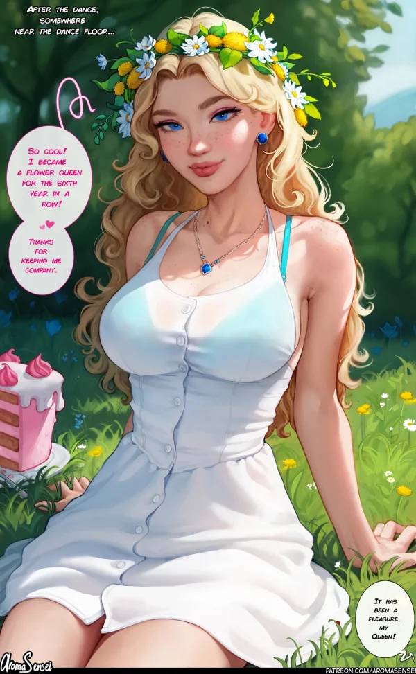 Stardew Valley comic: freckled blonde Haley as Flower Queen flirts with the farmer at the Flower Dance