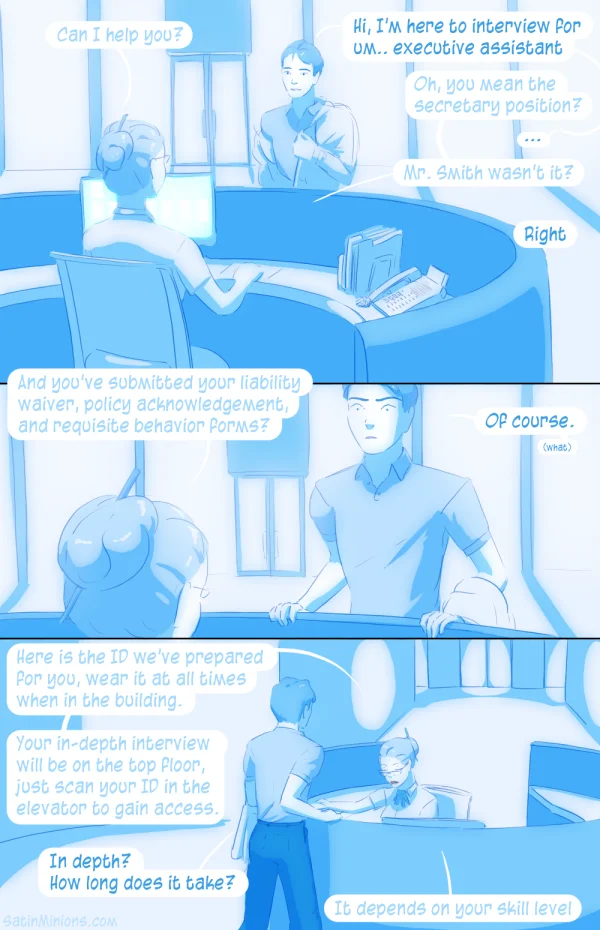 Cover: blue-haired office girl kneeling by a window for Satin Minions Entry Level Positions.