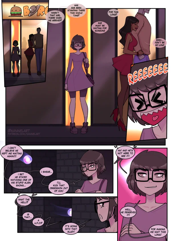 Comic: a UFO ZOAT turns a late guy into a lingerie girl who ends up nude with a purple-haired beauty.