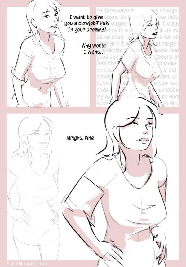 Day’s End cover: three sketch poses of a woman undressing for a Satin Minions comic.