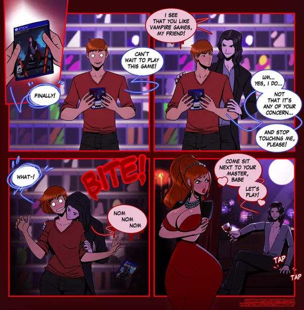 A vampire's bite turns a guy into his busty redheaded 'girlfriend' — KannelArt comic.