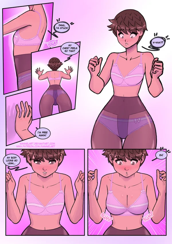 Comic: CYOA job path turns a guy into a pink-dress office girl who falls for her coworker.