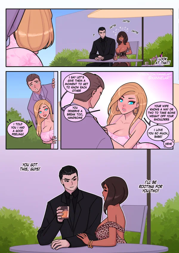 Comic: a rich man becomes a blonde trophy wife with huge breasts and stays for the sex and the life.