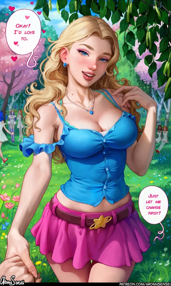 Stardew Valley comic: freckled blonde Haley as Flower Queen flirts with the farmer at the Flower Dance
