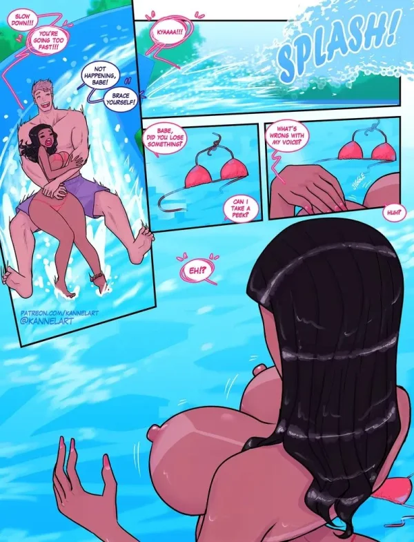 Waterslide body-swap comic: after the splash he is in her growing, hyper-curvy body.