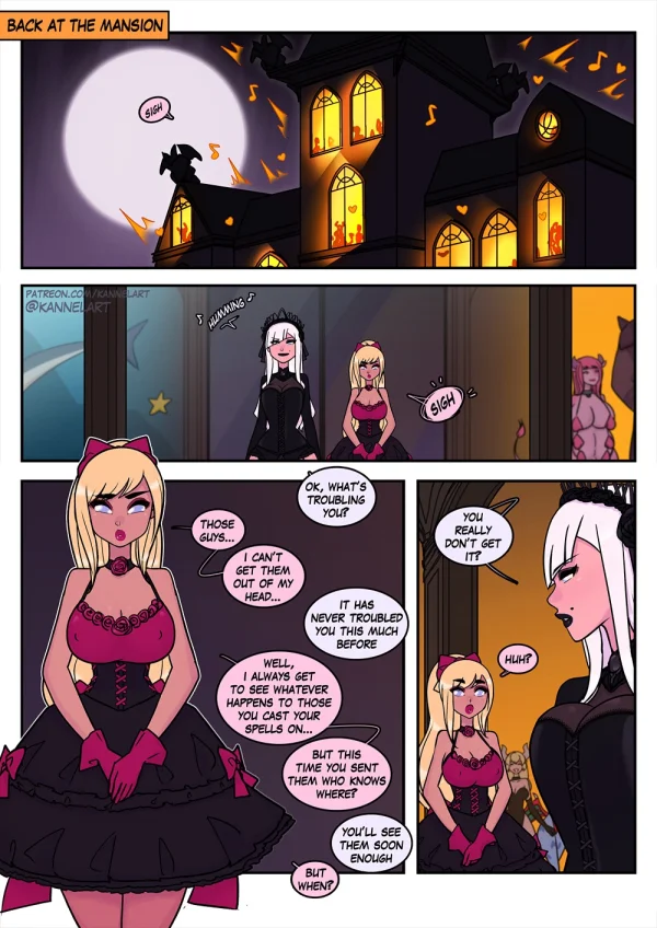 Comic: costume party magic turns friends into nude fantasy TF bodies — centaur, mermaid, slime girls.