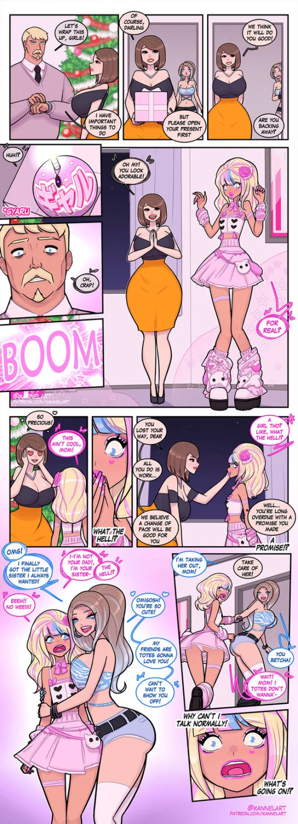 TF comic: a workaholic dad opens a Christmas gift and becomes a pink gyaru little sister.