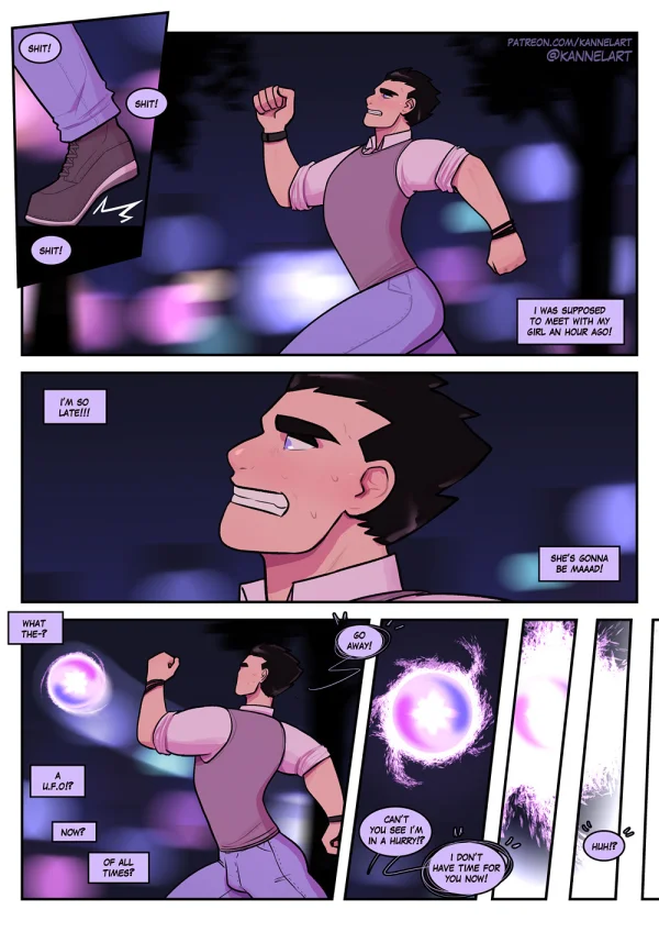 Comic: a UFO ZOAT turns a late guy into a lingerie girl who ends up nude with a purple-haired beauty.