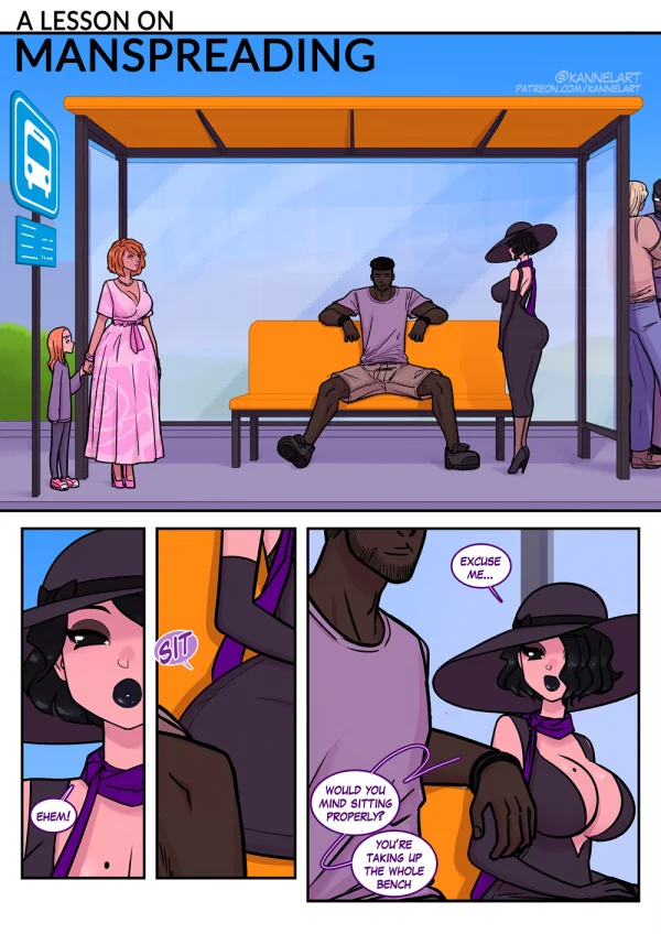 Comic: a manspreading guy is TFed into a pink-lingerie girl who masturbates for hours.