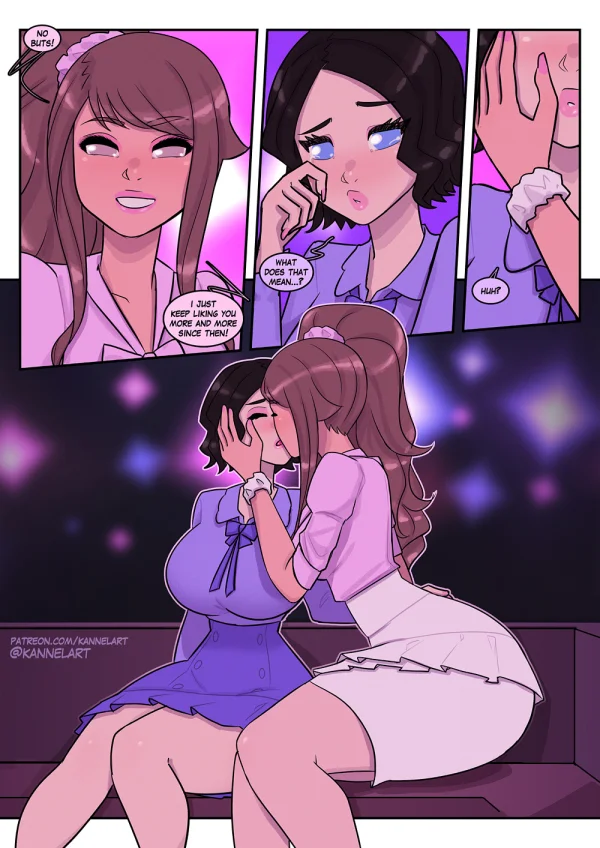 Comic: CYOA job path turns a guy into a pink-dress office girl who falls for her coworker.