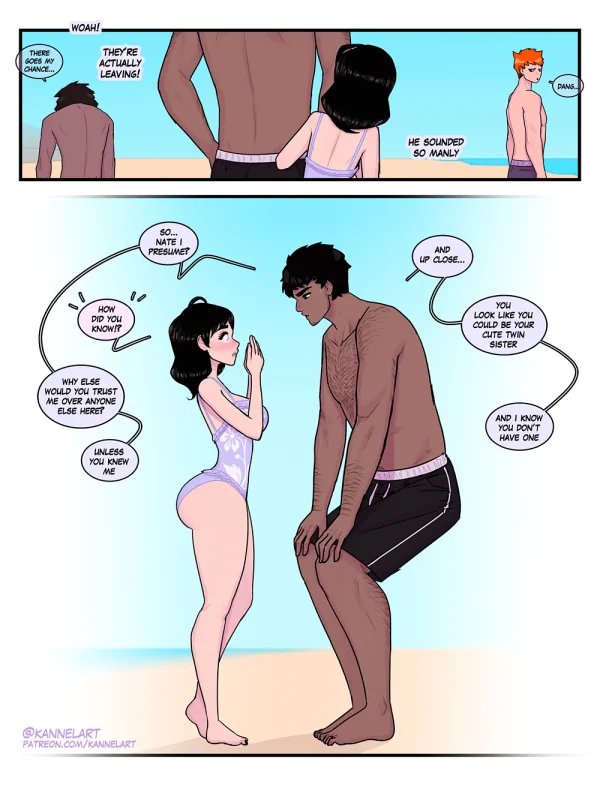 Beach pink-glow TF turns a guy into a short black-haired girl in purple lingerie who clings to her male friend.