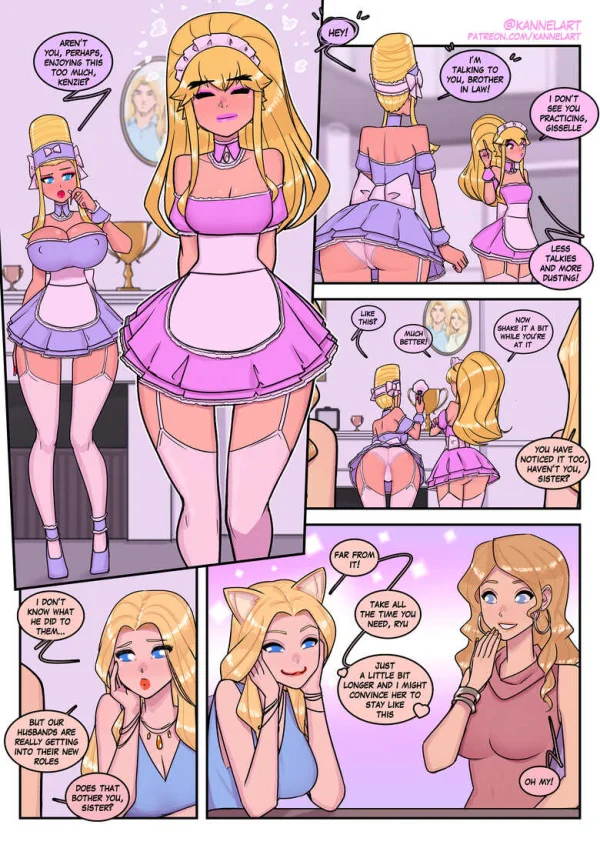 Comic: Ryu turns Ken and Guile into women to hide them as maids at a family estate.