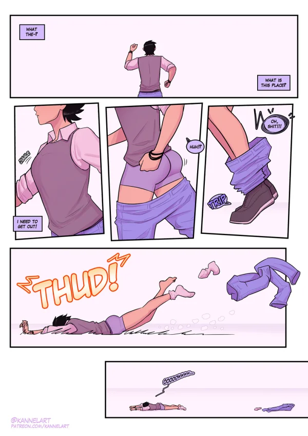 Comic: a UFO ZOAT turns a late guy into a lingerie girl who ends up nude with a purple-haired beauty.