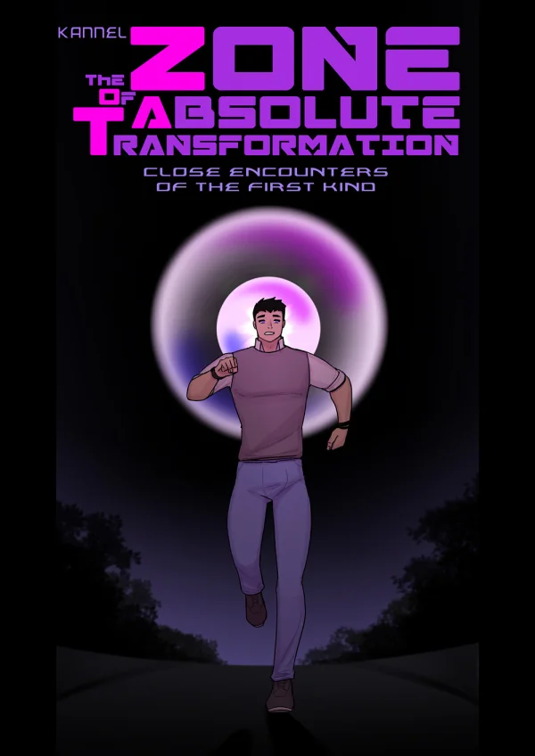Comic: a UFO ZOAT turns a late guy into a lingerie girl who ends up nude with a purple-haired beauty.