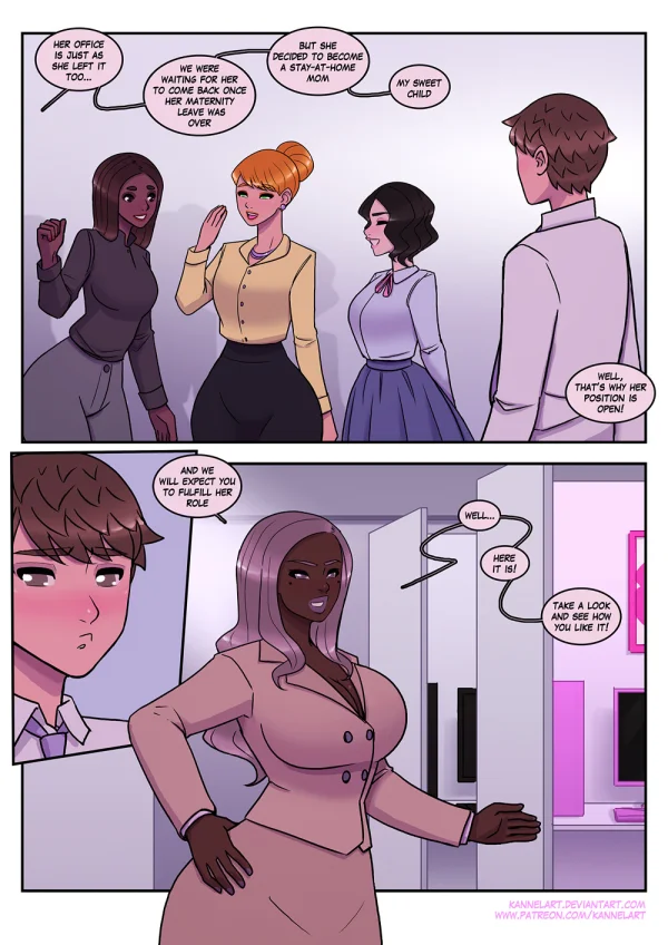 Comic: CYOA job path turns a guy into a pink-dress office girl who falls for her coworker.