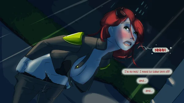Illustration set: a mind-control orb makes a demon guard masturbate herself unconscious during a heist.