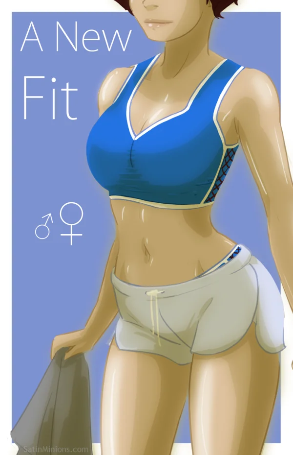 Cover: A New Fit title over a woman in a sports bra and shorts, Satin Minions comic.