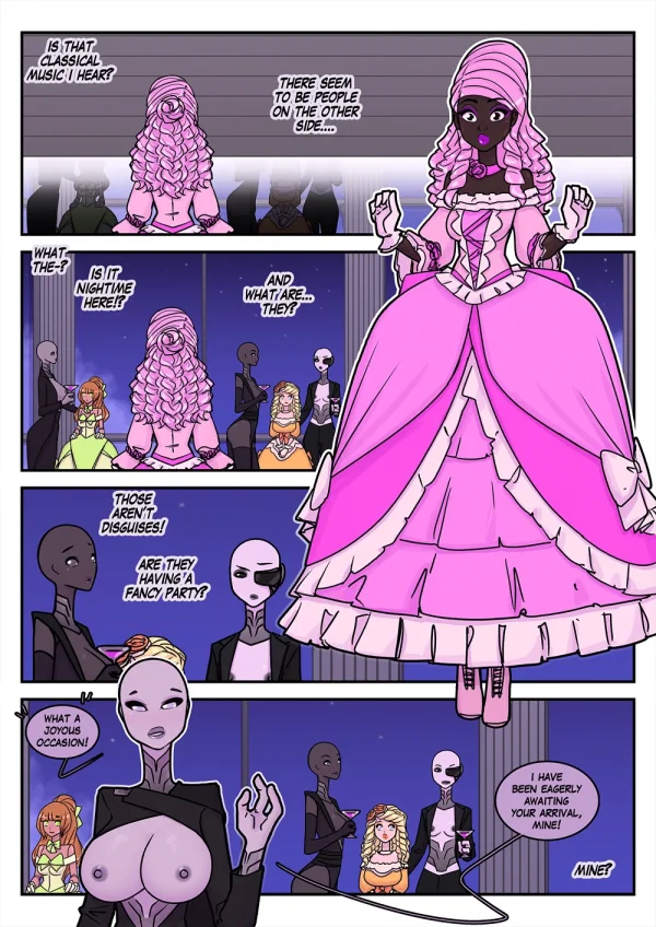 Comic: costume party magic turns friends into nude fantasy TF bodies — centaur, mermaid, slime girls.
