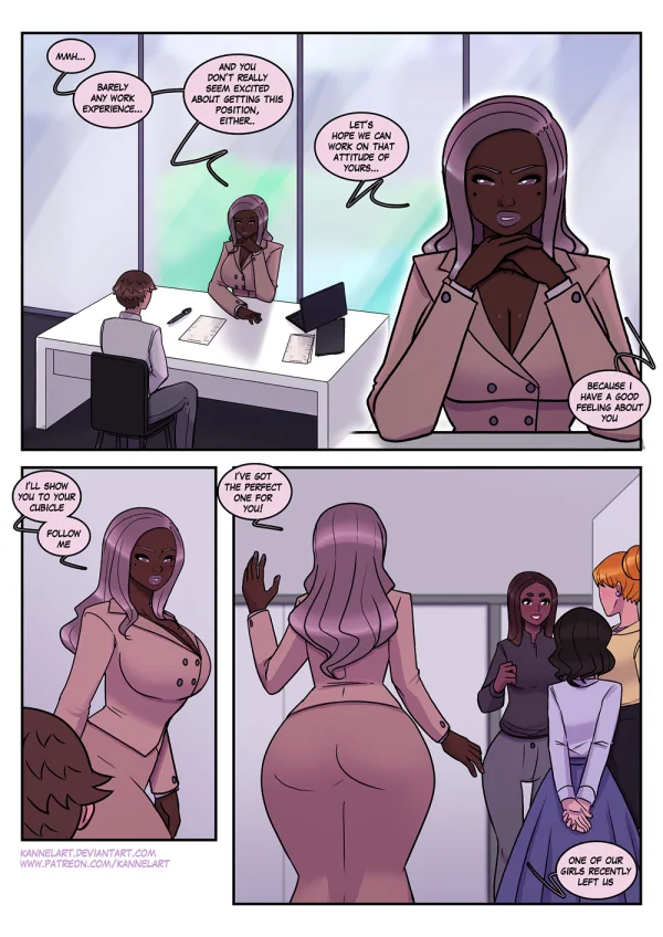 Comic: CYOA job path turns a guy into a pink-dress office girl who falls for her coworker.