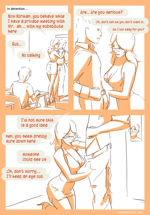 Cover: sketchy classroom scene under the Crank Call title, Satin Minions comic.
