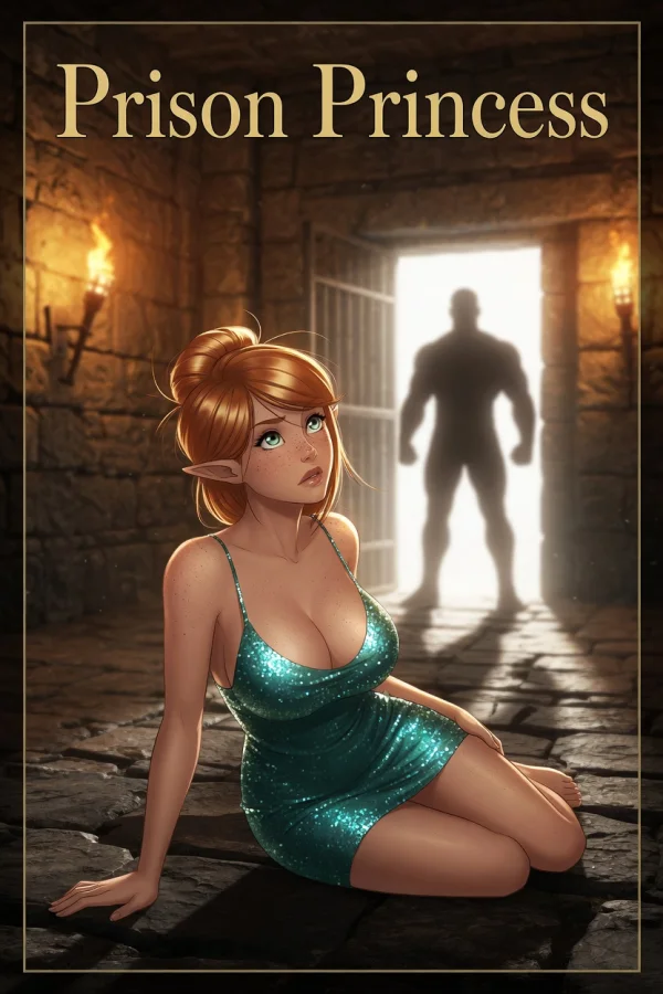 Prison Princess cover: elf princess in a teal dress in a torchlit dungeon cell.