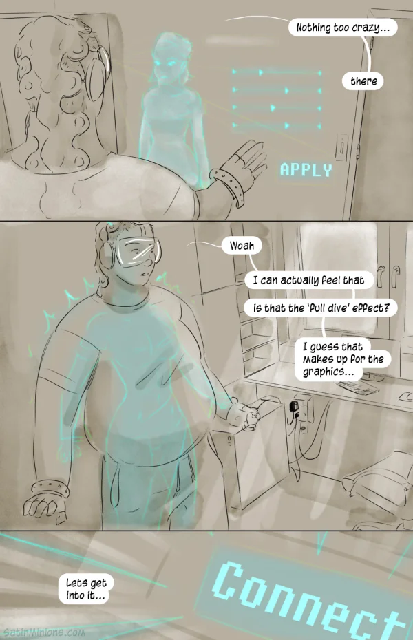 Cover: elf-eared VR avatar reaching out from a pod of cables, Satin Minions comic Crossworld VR.