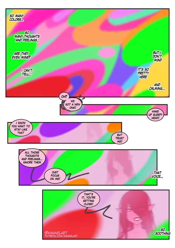 Comic: costume party magic turns friends into nude fantasy TF bodies — centaur, mermaid, slime girls.
