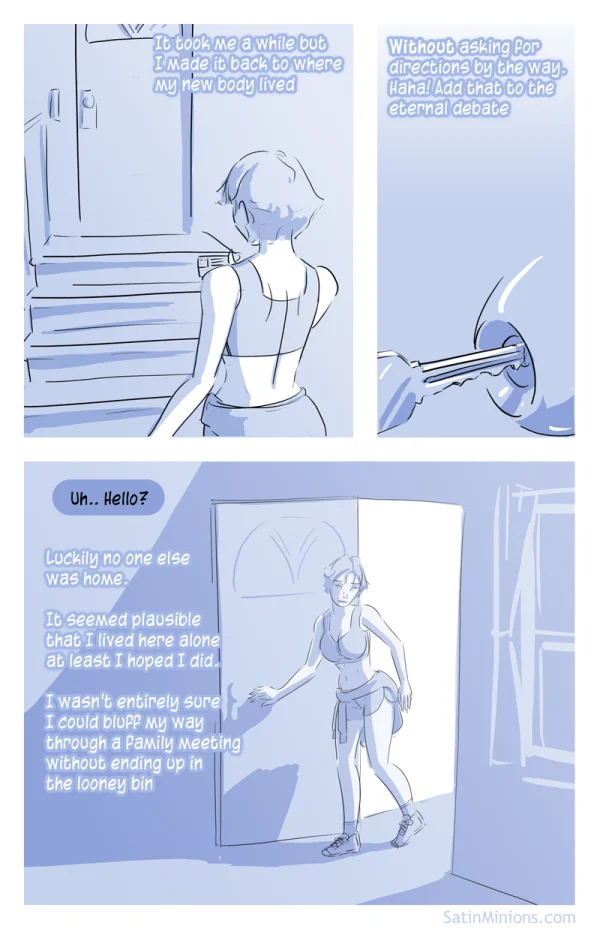 Cover: A New Fit title over a woman in a sports bra and shorts, Satin Minions comic.