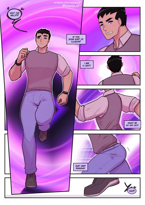 Comic: a UFO ZOAT turns a late guy into a lingerie girl who ends up nude with a purple-haired beauty.