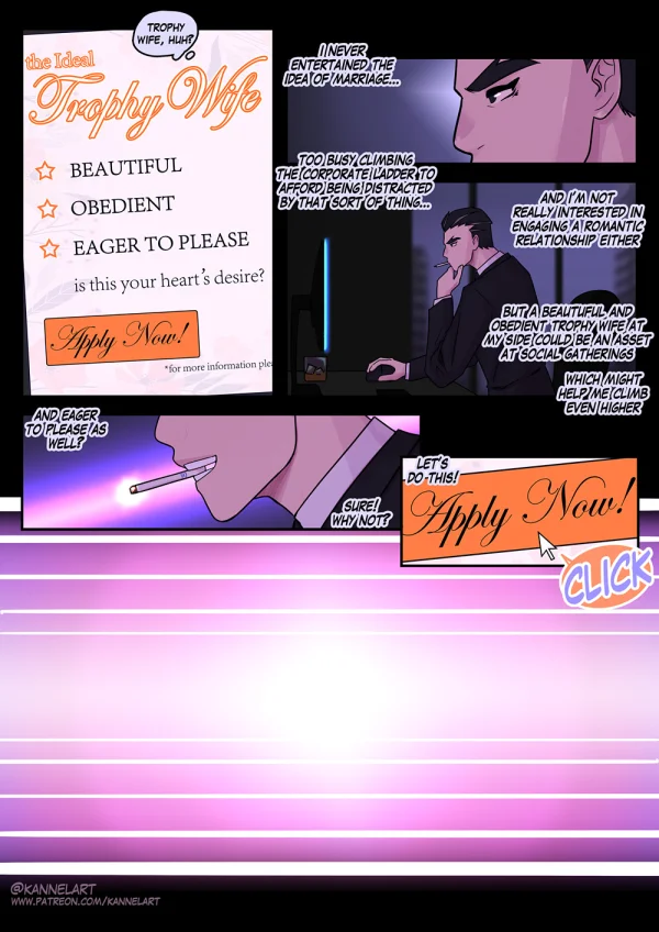 Comic: a rich man becomes a blonde trophy wife with huge breasts and stays for the sex and the life.