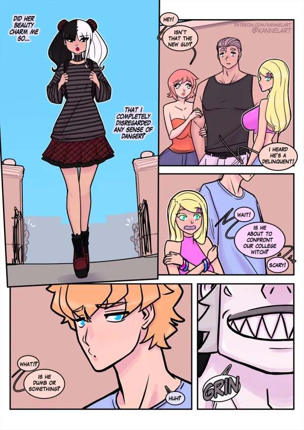 Comic: campus chaos as a goth mistress attracts a demon and her former-male pet plays hero.