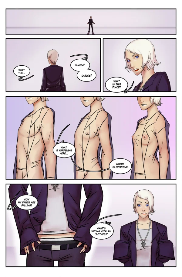 Comic: three guy friends get pulled into a strange zone and transformed into three girls.