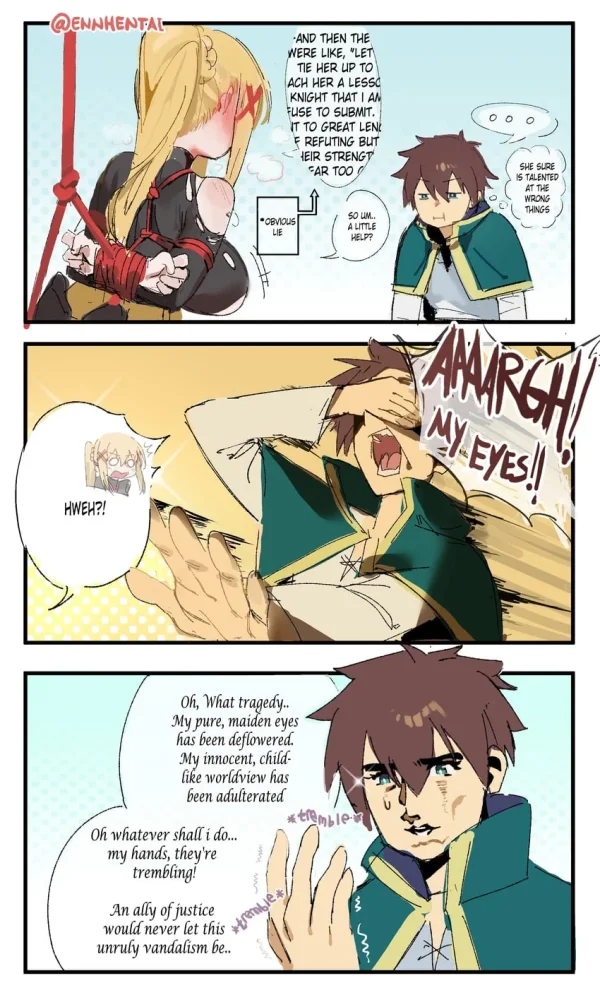 Comic: KonoSuba Darkness in red rope bondage is humiliated and fucked by Kazuma until she’s a cum-covered mess.