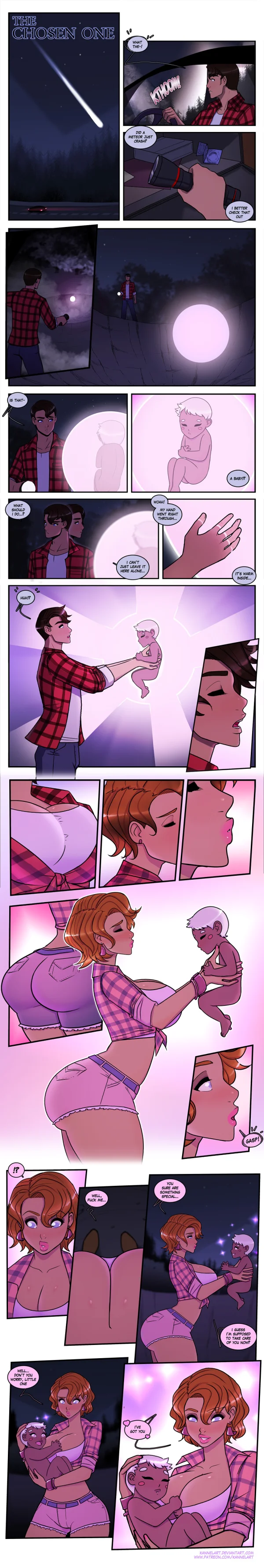 A forest meteor cradle turns a guy into a stacked redhead caretaker with a magical glowing baby.
