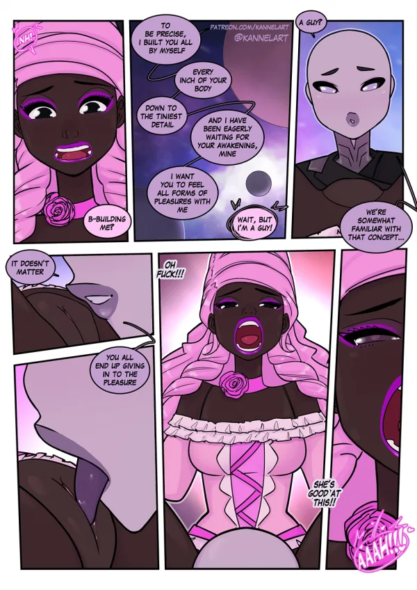 Comic: costume party magic turns friends into nude fantasy TF bodies — centaur, mermaid, slime girls.