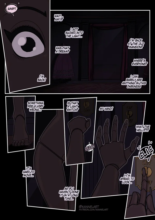 Comic: costume party magic turns friends into nude fantasy TF bodies — centaur, mermaid, slime girls.