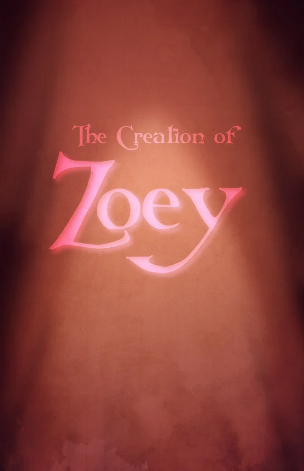 Illustration of a dark-haired woman in a torn white shirt beneath the red title “The Creation of Zoey.”